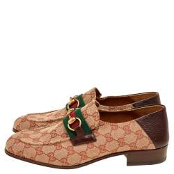 Gucci Beige /Brown GG Canvas And Leather Horsebit Web Slip On Loafers Size 41