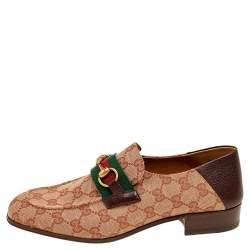 Gucci Beige /Brown GG Canvas And Leather Horsebit Web Slip On Loafers Size 41