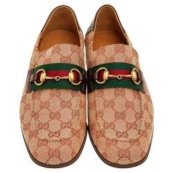 Gucci Beige /Brown GG Canvas And Leather Horsebit Web Slip On Loafers Size 41