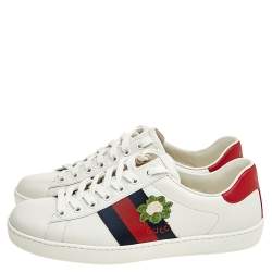 مملوكة مسبقًا Gucci White Leather Ace Embroidered Low Top Sneakers Size 39