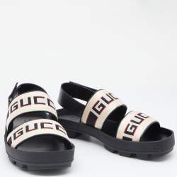 Pre Owned Gucci White Stripe Logo Canvas Slingback Sandals Size 40