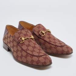 Pre Owned Gucci Burgundy/Beige GG Canvas Quentin Horsebit Slip On Loafers Size 42.5