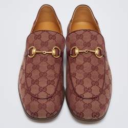 Pre Owned Gucci Burgundy/Beige GG Canvas Quentin Horsebit Slip On Loafers Size 42.5
