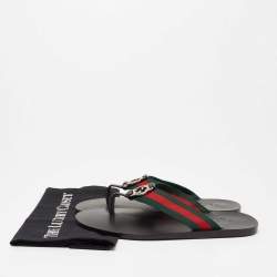 Gucci Black Leather and Fabric Web Interlocking G Thong Flats Size 40