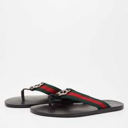Gucci Black Leather and Fabric Web Interlocking G Thong Flats Size 40