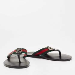 Gucci Black Leather and Fabric Web Interlocking G Thong Flats Size 40