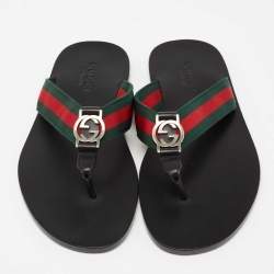 Gucci Black Leather and Fabric Web Interlocking G Thong Flats Size 40