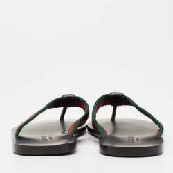 Gucci Black Leather and Fabric Web Interlocking G Thong Flats Size 40