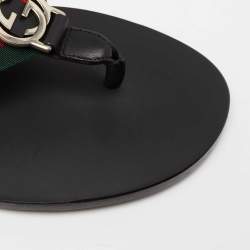 Gucci Black Leather and Fabric Web Interlocking G Thong Flats Size 40