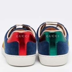 Pre Owned Gucci Blue Velvet And Leather Web Detail Low Top Sneakers Size 39.5