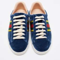 Pre Owned Gucci Blue Velvet And Leather Web Detail Low Top Sneakers Size 39.5