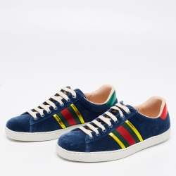 Pre Owned Gucci Blue Velvet And Leather Web Detail Low Top Sneakers Size 39.5
