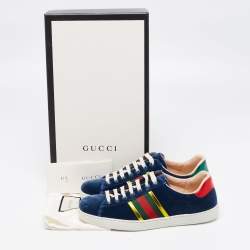 Pre Owned Gucci Blue Velvet And Leather Web Detail Low Top Sneakers Size 39.5