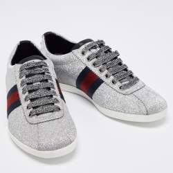 Gucci Metallic Silver Glitter Web Detail Studded Low Top Sneakers Size 40