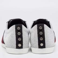 Gucci Metallic Silver Glitter Web Detail Studded Low Top Sneakers Size 40