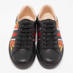 Pre Owned حذاء رياضي غوتشي إيس جلد نقشة الثعبان أسود بعنق منخفض مقاس 42