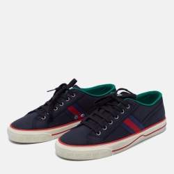 مملوكة مسبقًا حذاء رياضي غوتشي تنس كانفاس أزرق مزين ويب بعنق منخفض مقاس 41.5