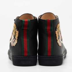 Gucci Black Leather Tiger Patch High Top Sneakers Size 41