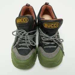 Pre Owned Gucci Green/Black Leather And Mesh Flashtrek Low Top Sneakers Size 43
