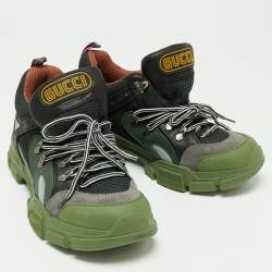 Pre Owned Gucci Green/Black Leather And Mesh Flashtrek Low Top Sneakers Size 43