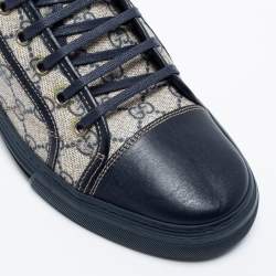 Pre Owned Gucci Blue/White GG Supreme Canvas and Leather Cap Toe High Top Sneakers Size 44.5