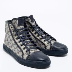 Pre Owned Gucci Blue/White GG Supreme Canvas and Leather Cap Toe High Top Sneakers Size 44.5