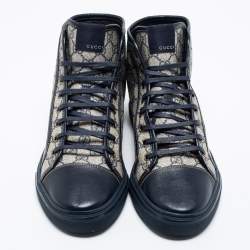 Pre Owned Gucci Blue/White GG Supreme Canvas and Leather Cap Toe High Top Sneakers Size 44.5
