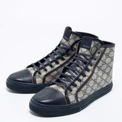 Pre Owned Gucci Blue/White GG Supreme Canvas and Leather Cap Toe High Top Sneakers Size 44.5