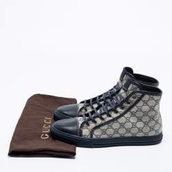 Pre Owned Gucci Blue/White GG Supreme Canvas and Leather Cap Toe High Top Sneakers Size 44.5