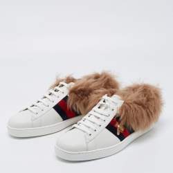 Pre Owned Gucci White Leather and Fur Ace Embroidered Bee Low Top Sneakers Size 43