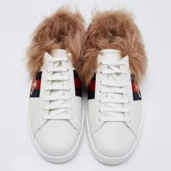 Pre Owned Gucci White Leather and Fur Ace Embroidered Bee Low Top Sneakers Size 43