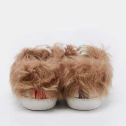 Pre Owned Gucci White Leather and Fur Ace Embroidered Bee Low Top Sneakers Size 43