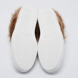 Pre Owned Gucci White Leather and Fur Ace Embroidered Bee Low Top Sneakers Size 43