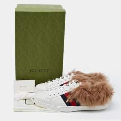 Pre Owned Gucci White Leather and Fur Ace Embroidered Bee Low Top Sneakers Size 43