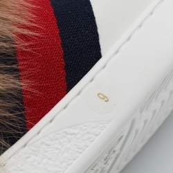 Pre Owned Gucci White Leather and Fur Ace Embroidered Bee Low Top Sneakers Size 43