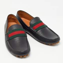 Gucci Black Leather Web Slip On Loafers Size 42