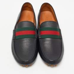 Gucci Black Leather Web Slip On Loafers Size 42