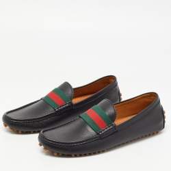 Gucci Black Leather Web Slip On Loafers Size 42