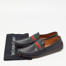 Gucci Black Leather Web Slip On Loafers Size 42
