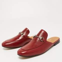 Gucci Red Leather Princetown Horsebit Flat Mules Size 44