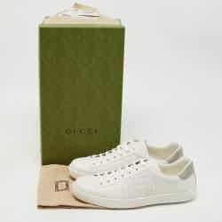 Pre Owned Gucci White Perforated Interlocking G Leather Ace Sneakers Size 44.5