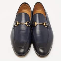 Gucci Navy Blue/Black Leather Jordaan Loafers Size 47