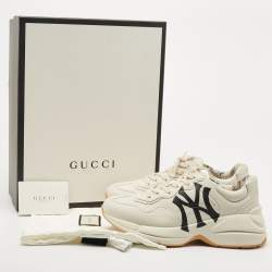 Pre Owned Gucci Cream Leather Rhyton NY Yankees Low Top Sneakers Size 40