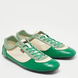 Gucci Green/White Leather and Fabric Low Top Sneakers Size 45.5