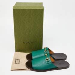 Gucci Green Leather Horsebit Flat Slides Size 44