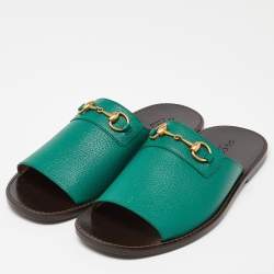 Gucci Green Leather Horsebit Flat Slides Size 44