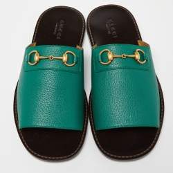 Gucci Green Leather Horsebit Flat Slides Size 44