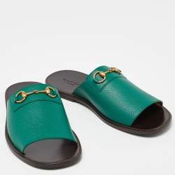 Gucci Green Leather Horsebit Flat Slides Size 44