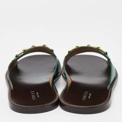 Gucci Green Leather Horsebit Flat Slides Size 44