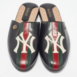 Gucci Black Leather NY Yankees Flat Mules Size 44.5